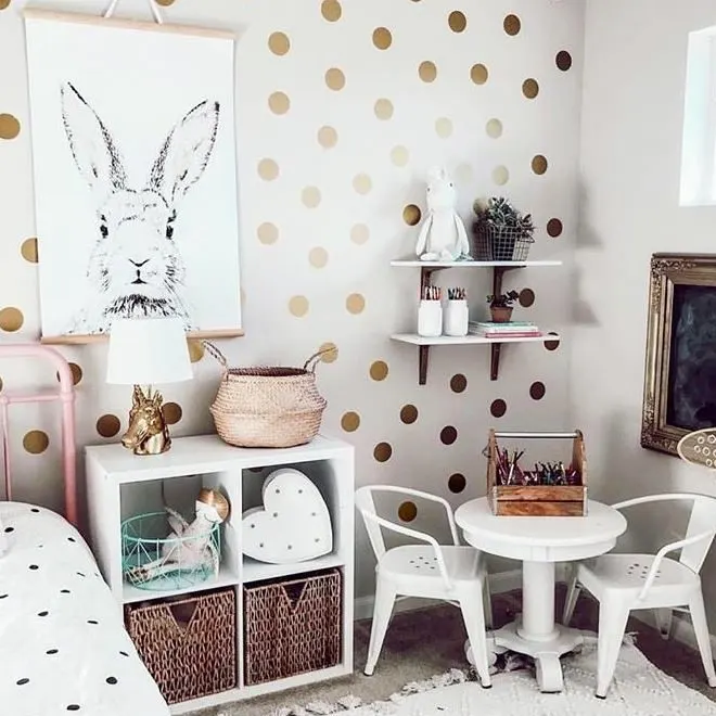 Big Girl's Room with Gold Dot Decals and Bunny Print