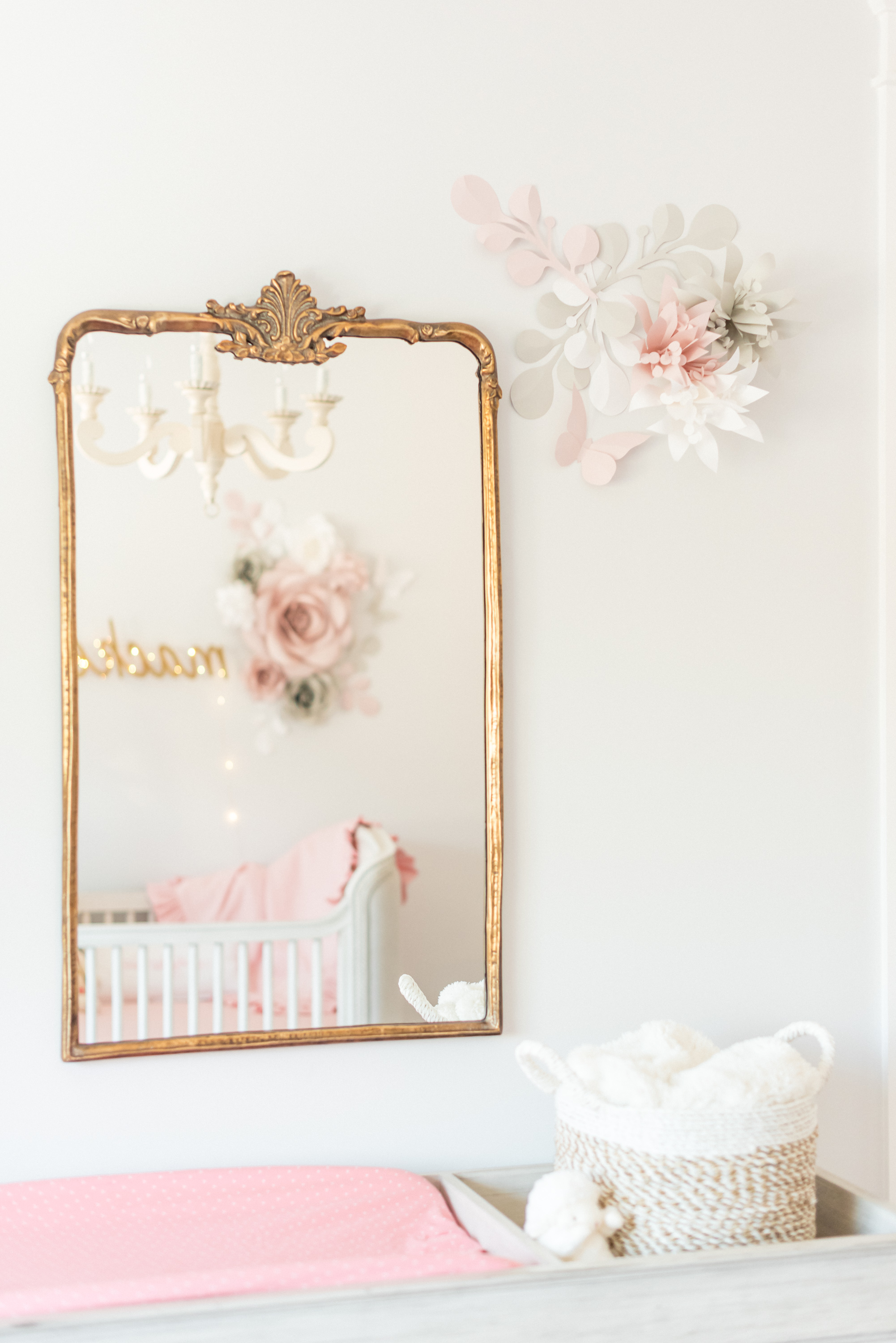 Gold Mirror and Paper Flower Nursery Decor