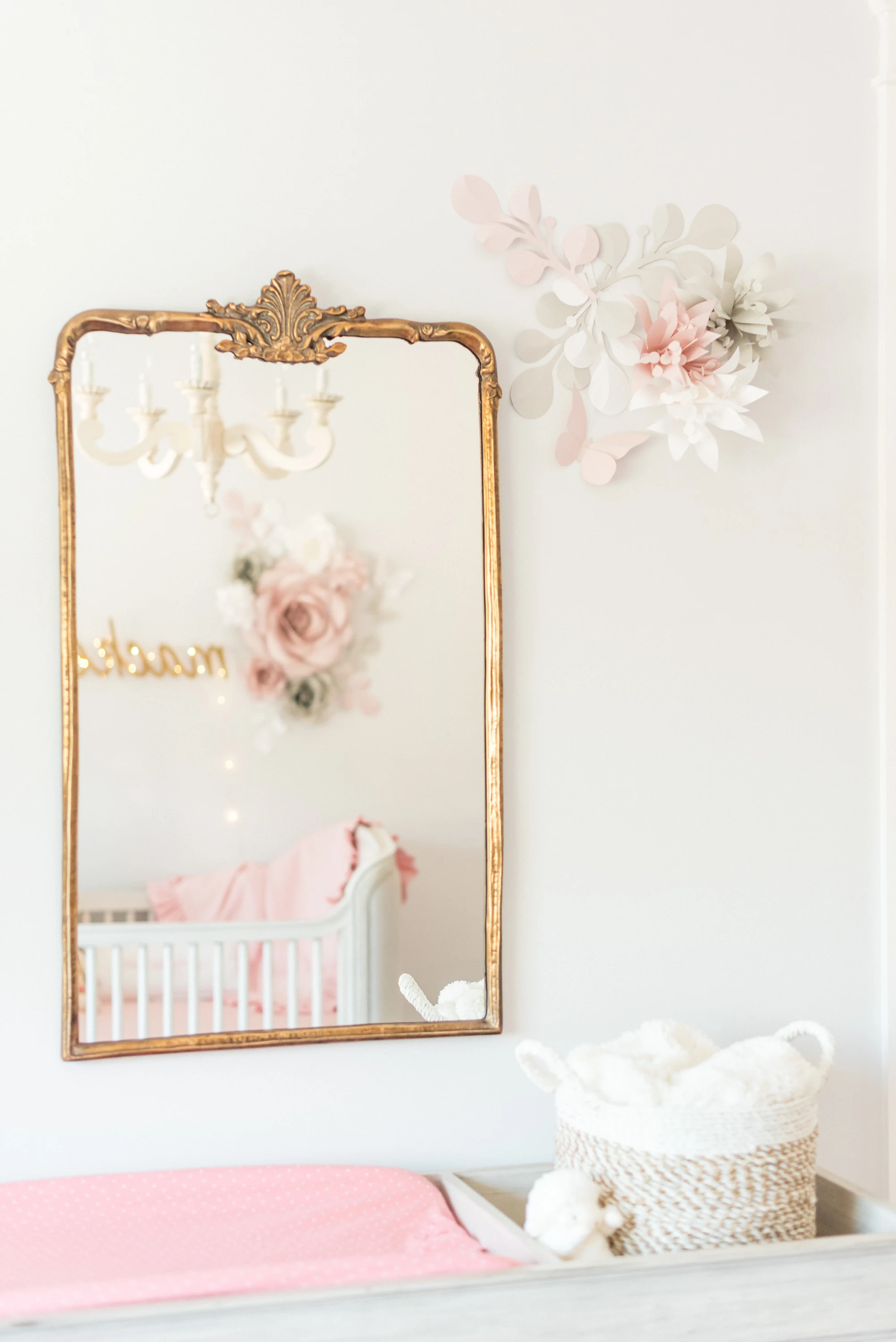 Gold Mirror and Paper Flower Nursery Decor