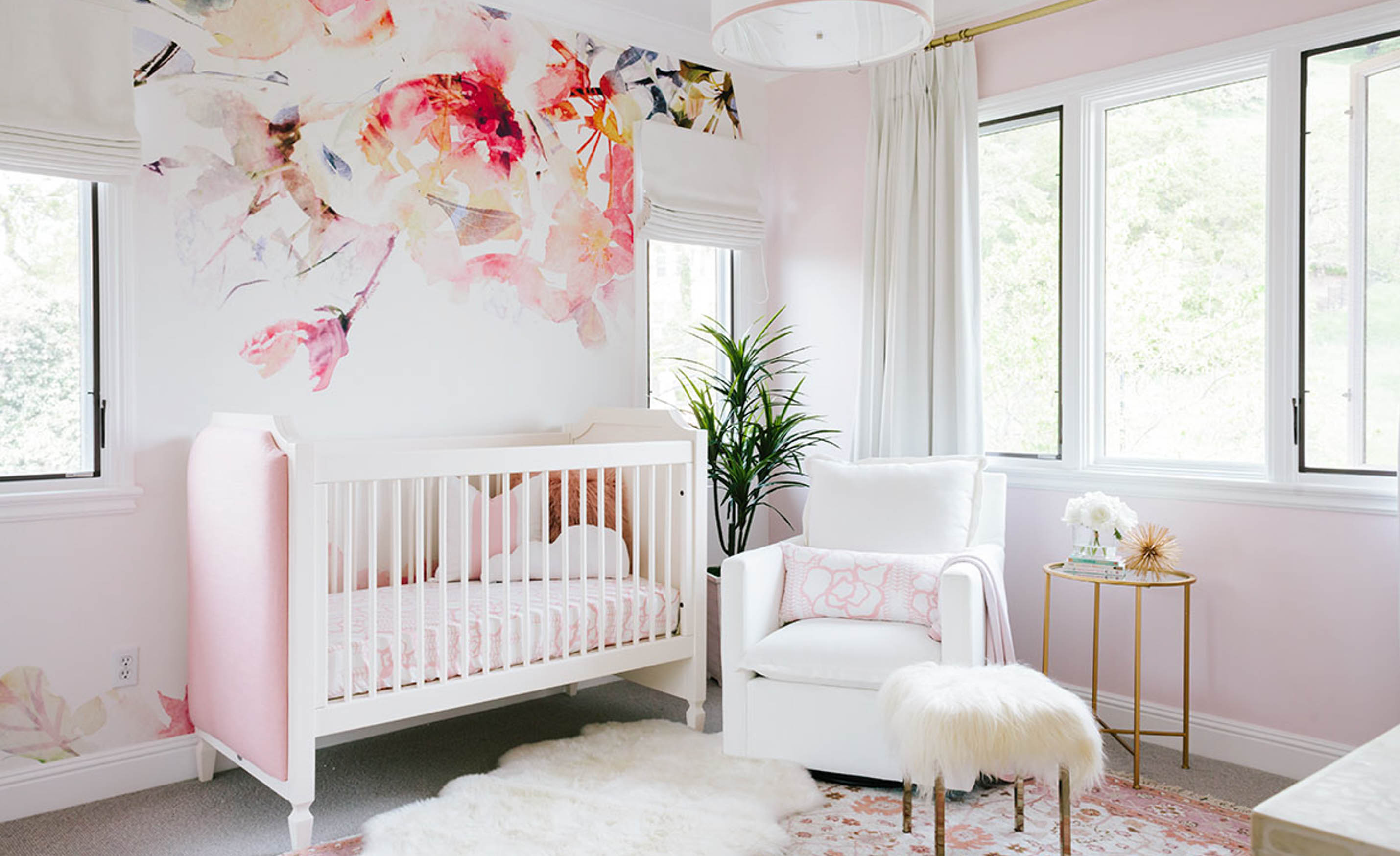 Pink and Gray Girl Nursery with Wallpaper on Accent Wall  Transitional   Nursery