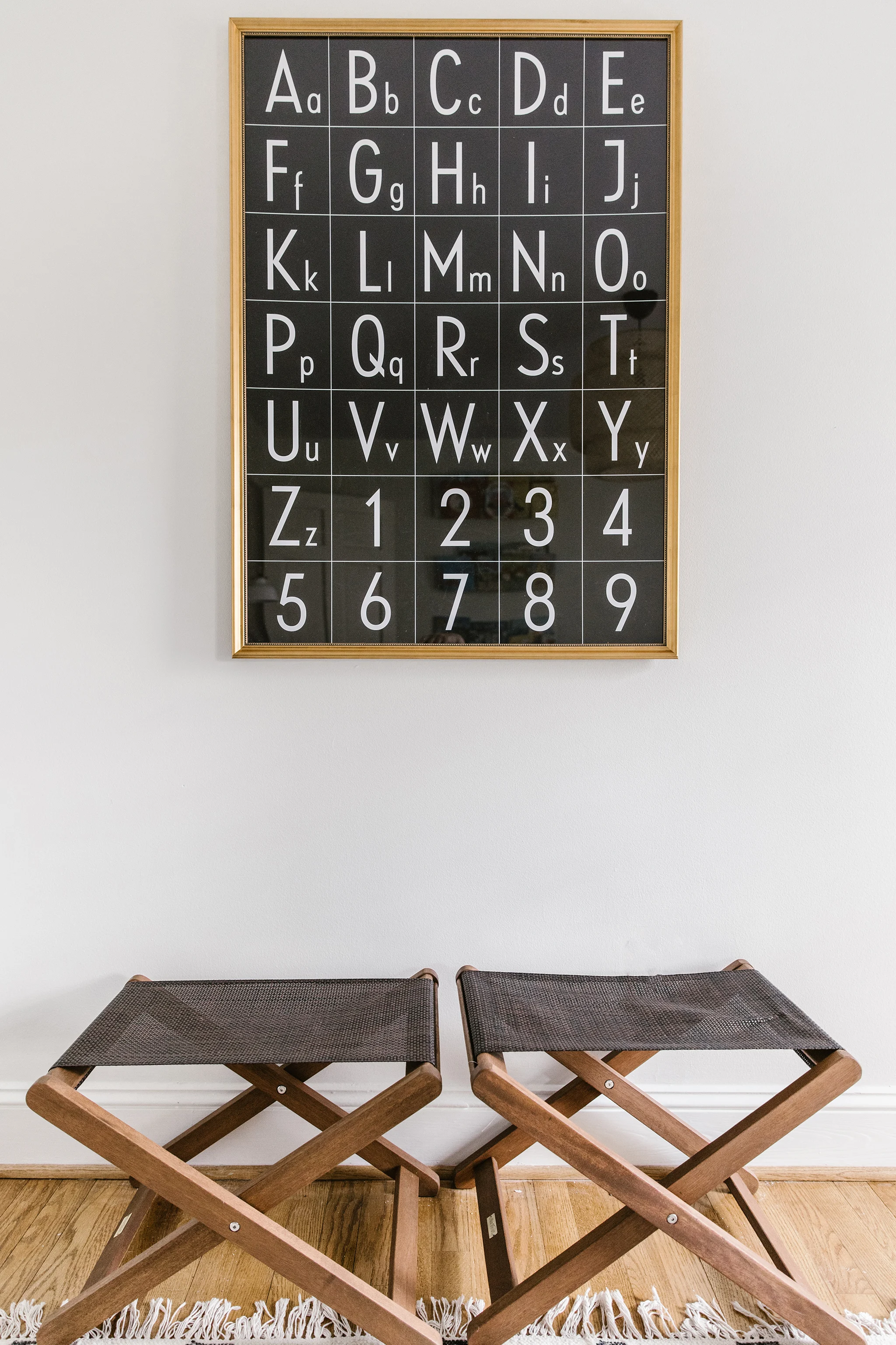 Black Alphabet Print with Saddle Stools in Boy's Room