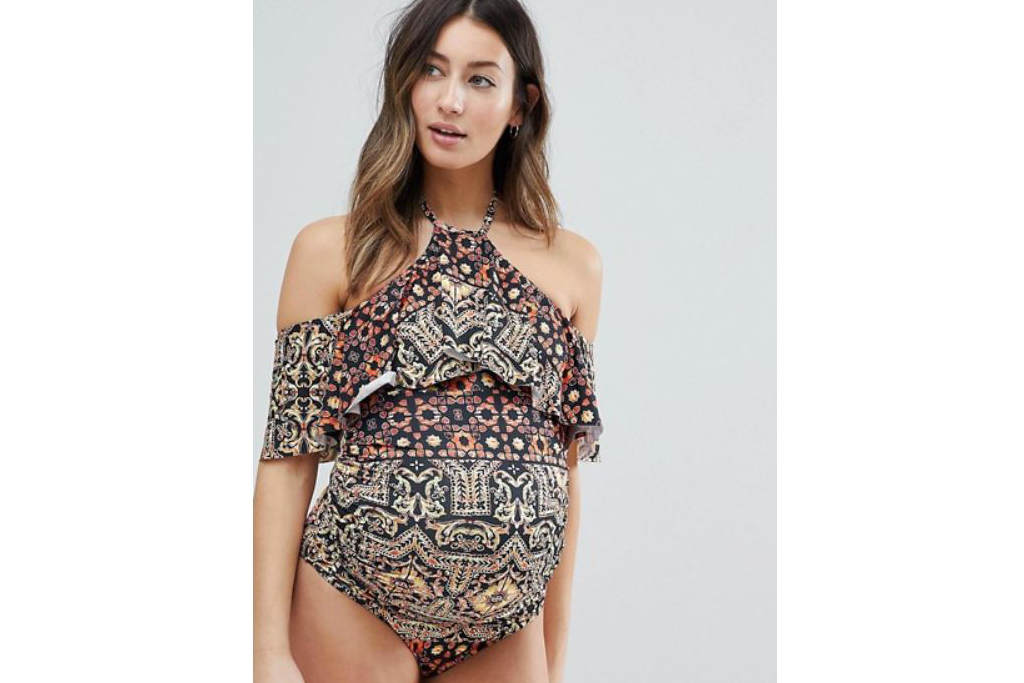 High Neck Off Shoulder Tribal Print Maternity Swimsuit