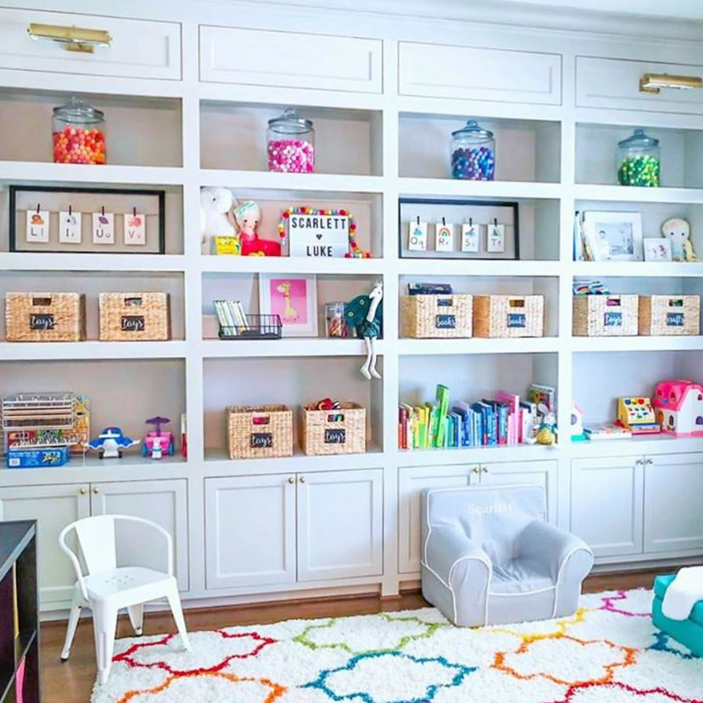 Organized Playroom Shelves