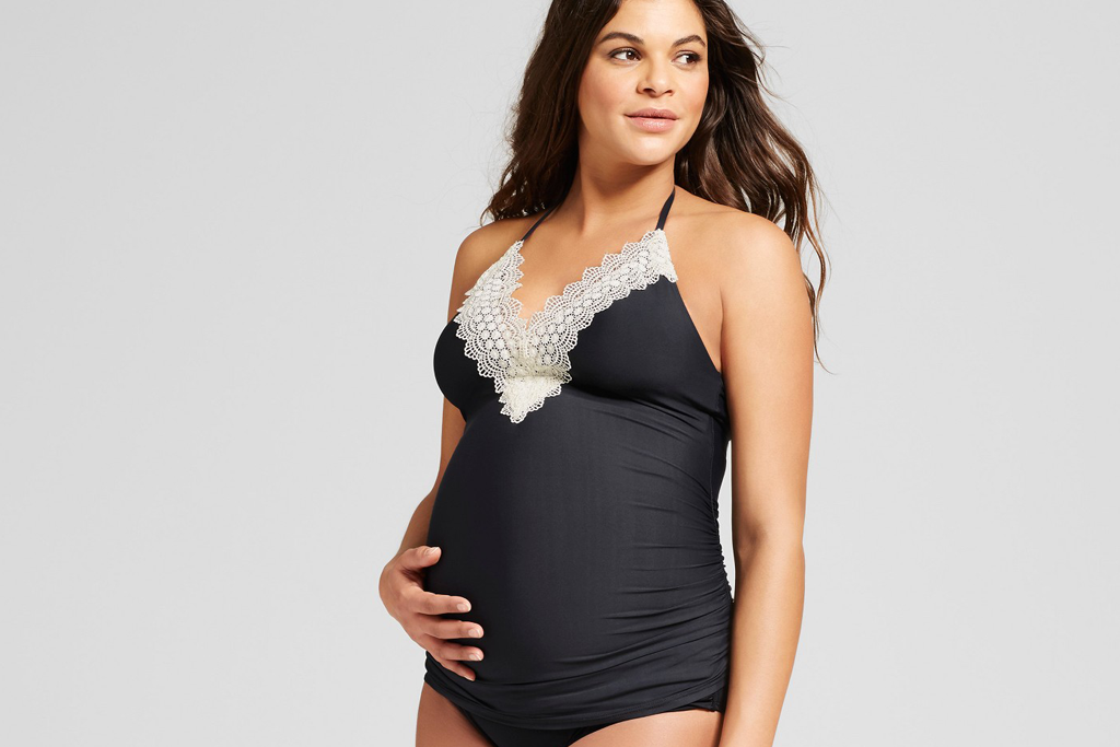 Lace Front Halter Maternity Tankini