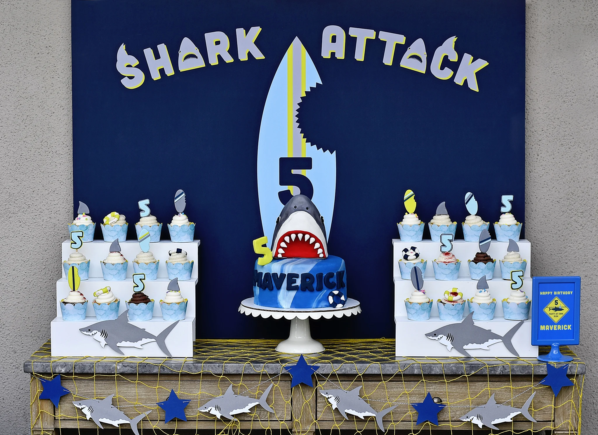 shark attach cake table backdrop