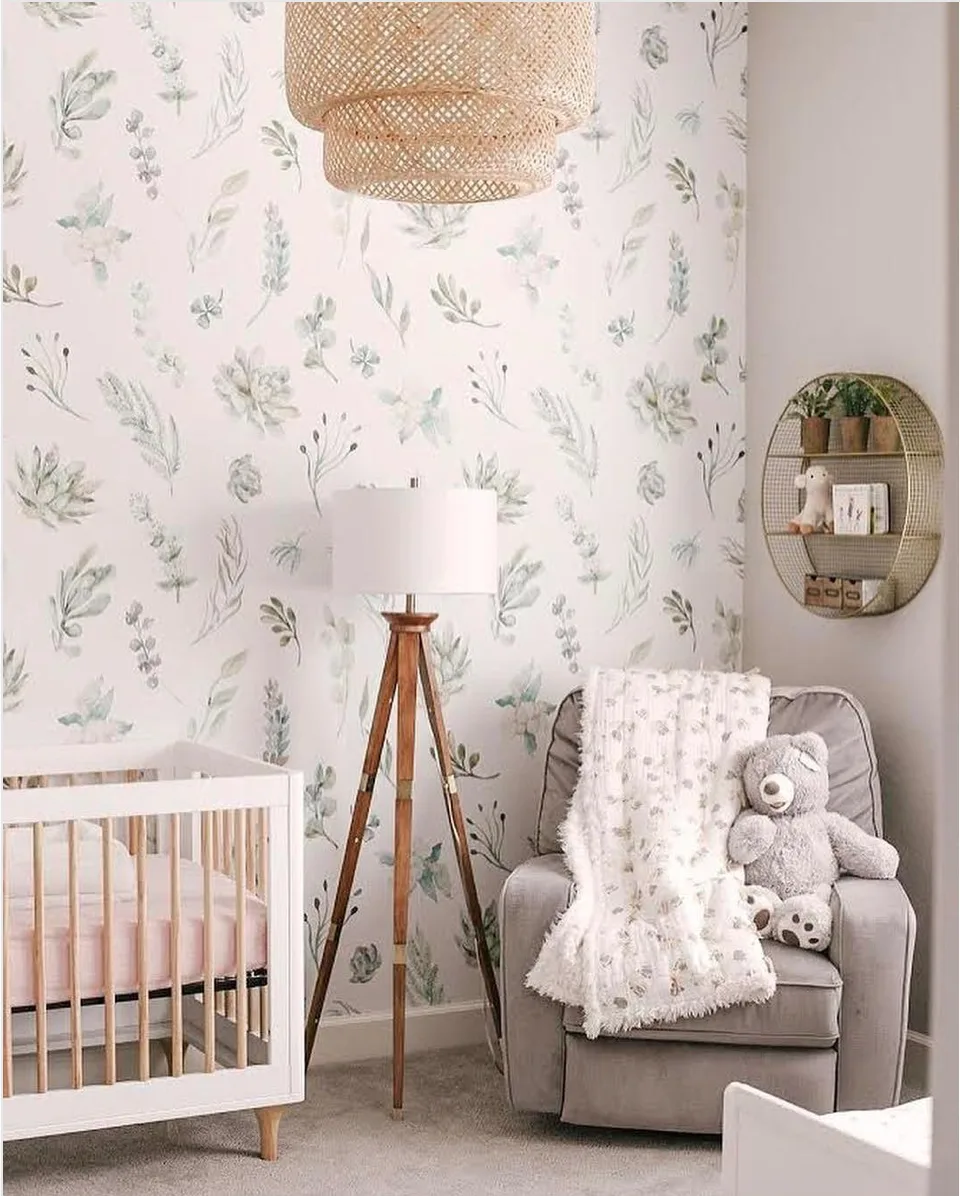 Nursery with Botanical Print Wallpaper and SINNERLIG Pendant