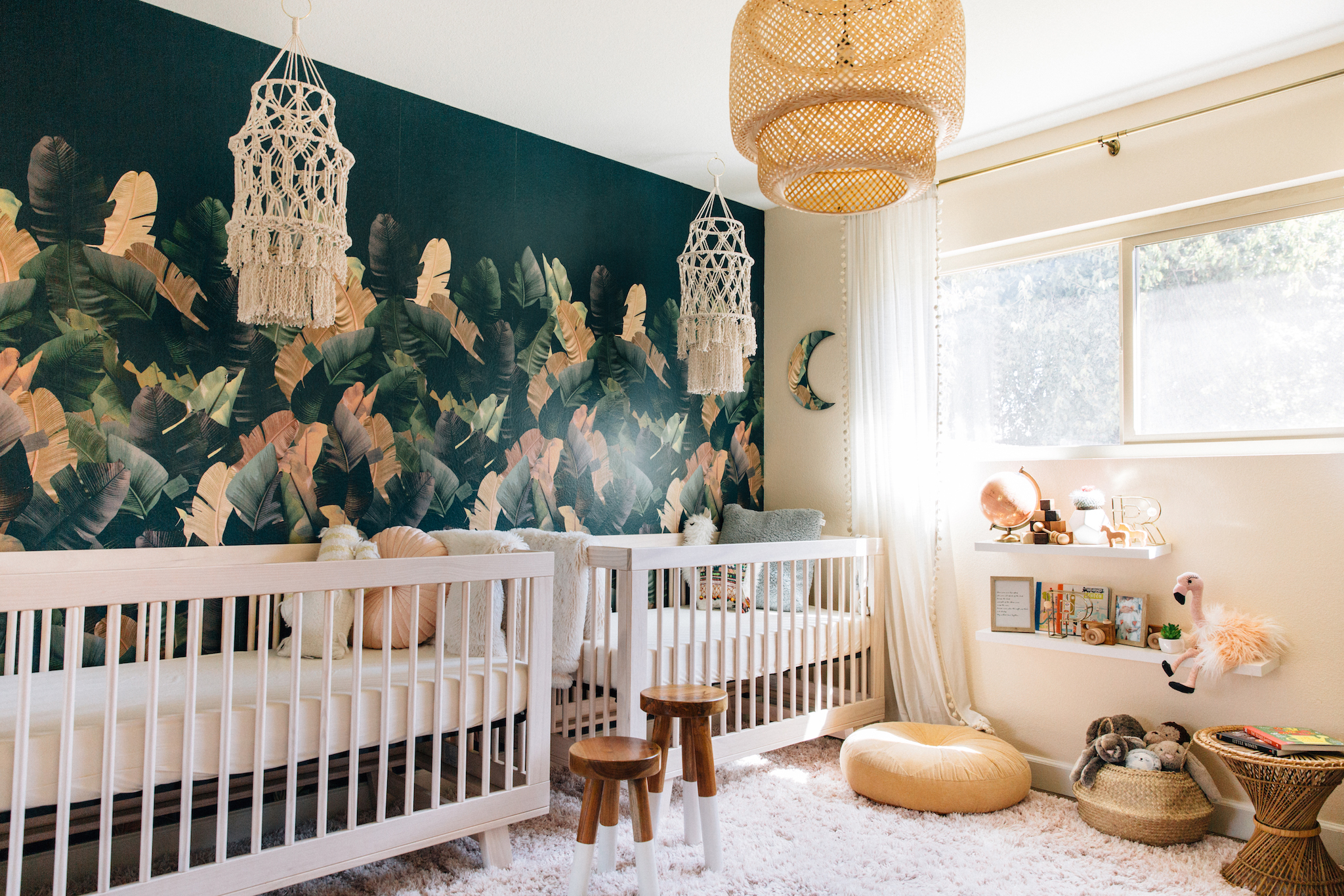 Palms to Pines Twin Nursery with Palm Wallpaper
