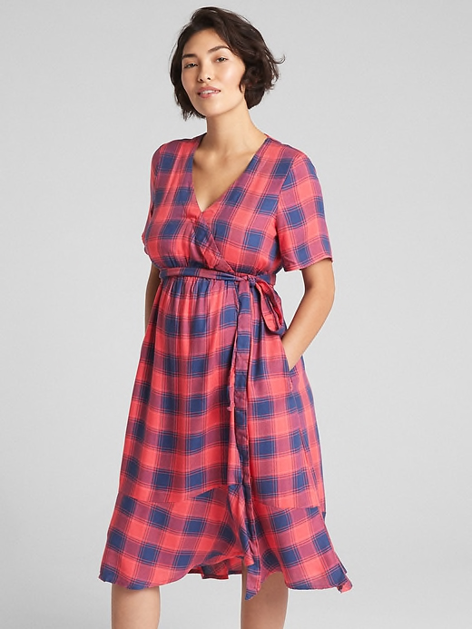 Midi Plaid Maternity Wrap Dress