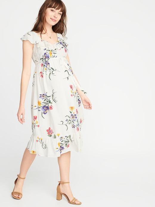 Ruffled Tie-Belt Floral Maternity Dress