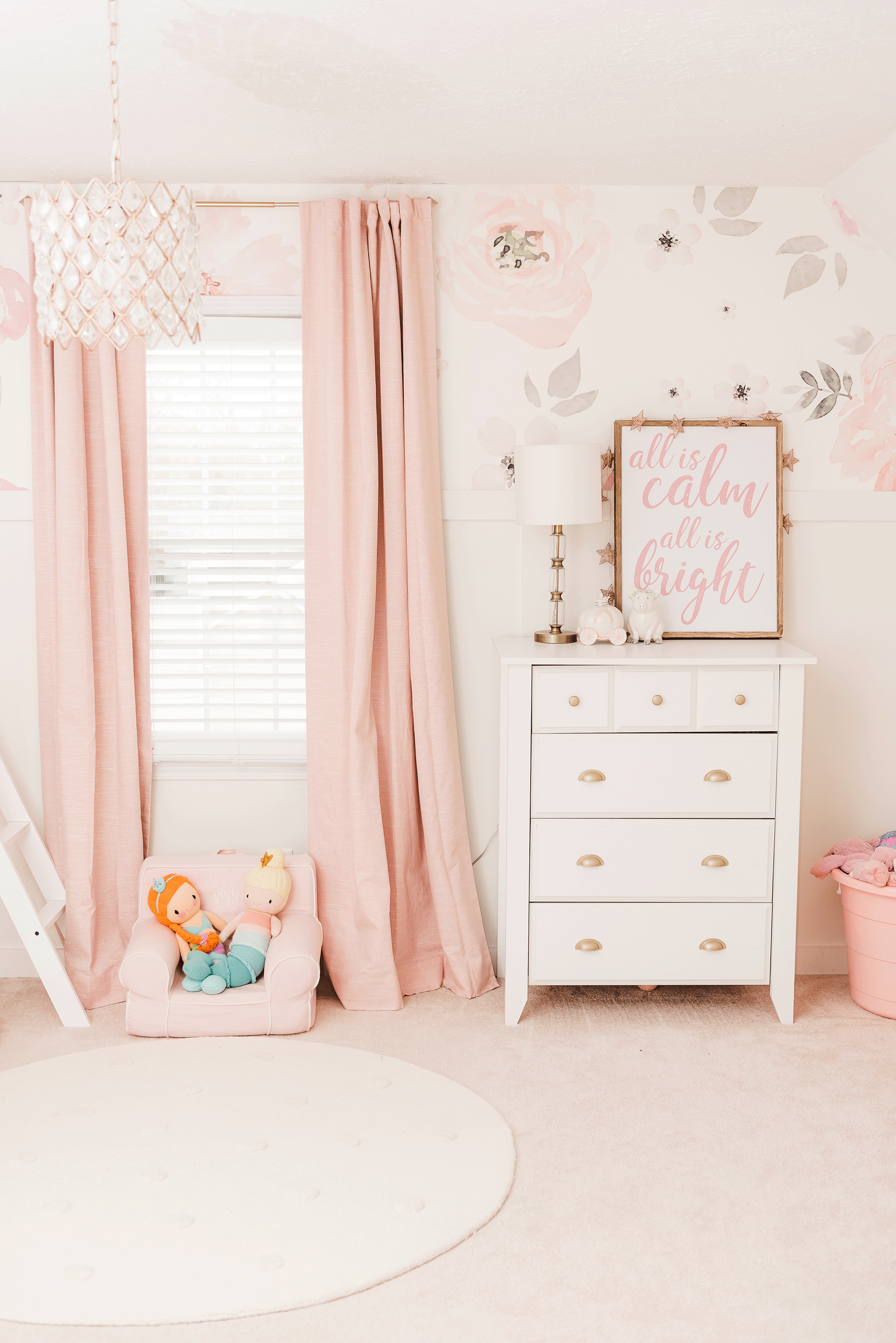 Shared Girls Room with Floral Wallpaper and Board + Batten Wall