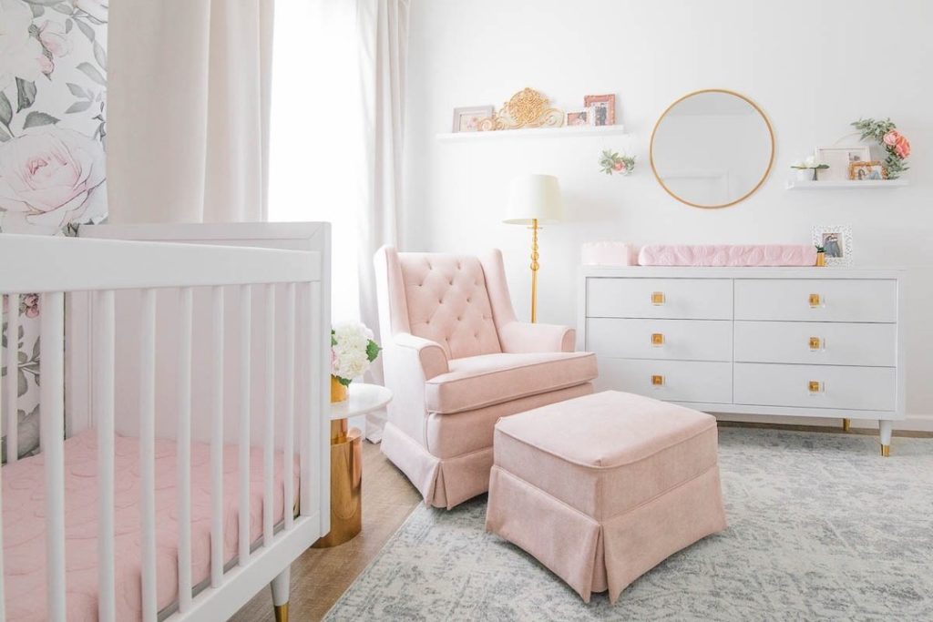 Pink Velvet Glider in Glam Blush and Gold Nursery by Little Crown Interiors
