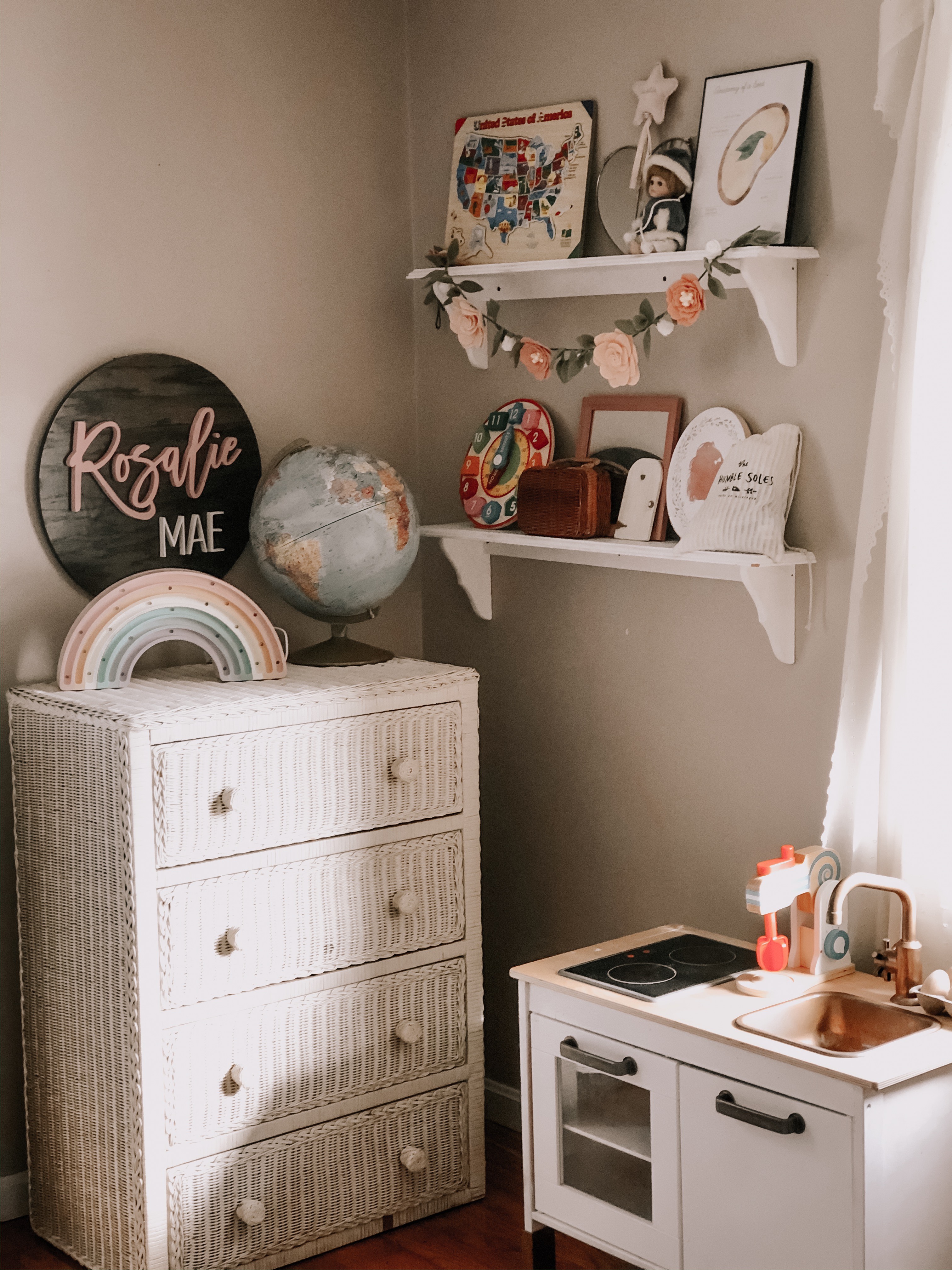 Vintage Inspired Girl's Room with Wicker Dresser