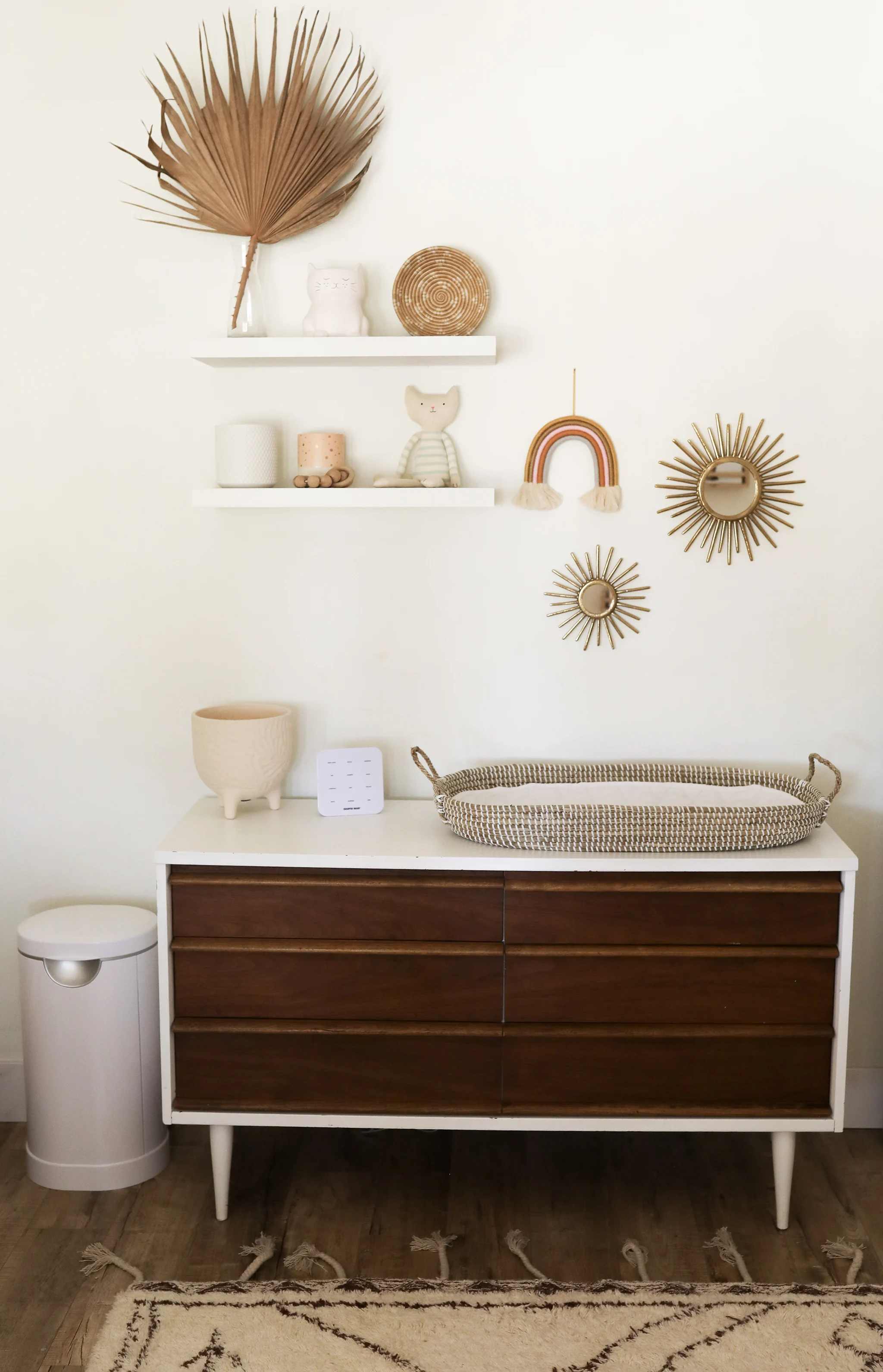 Changing Table on Vintage Dresser with Changing Basket in Girl's Nursery