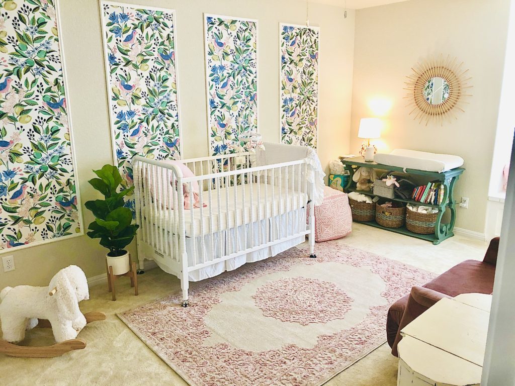 Framed Floral Wallpaper Panels in Girl's Nursery Design: @claire.foehrkolb