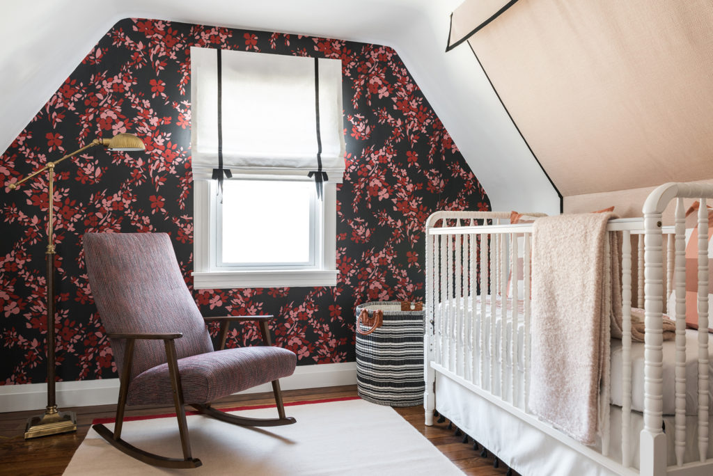 Black and Red Floral Wallpaper in Unique Baby Girl Nursery