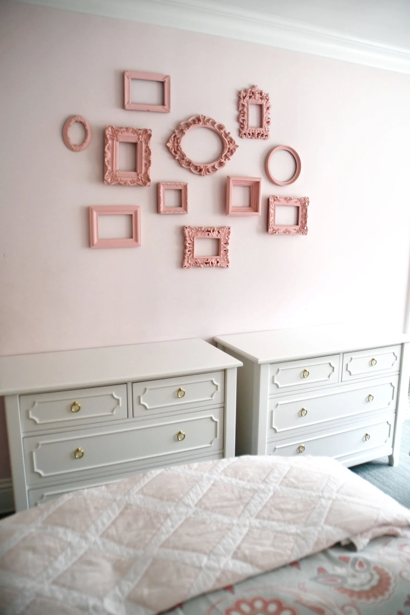 Two Dressers in Girls Shared Room with Empty Frame Wall Display