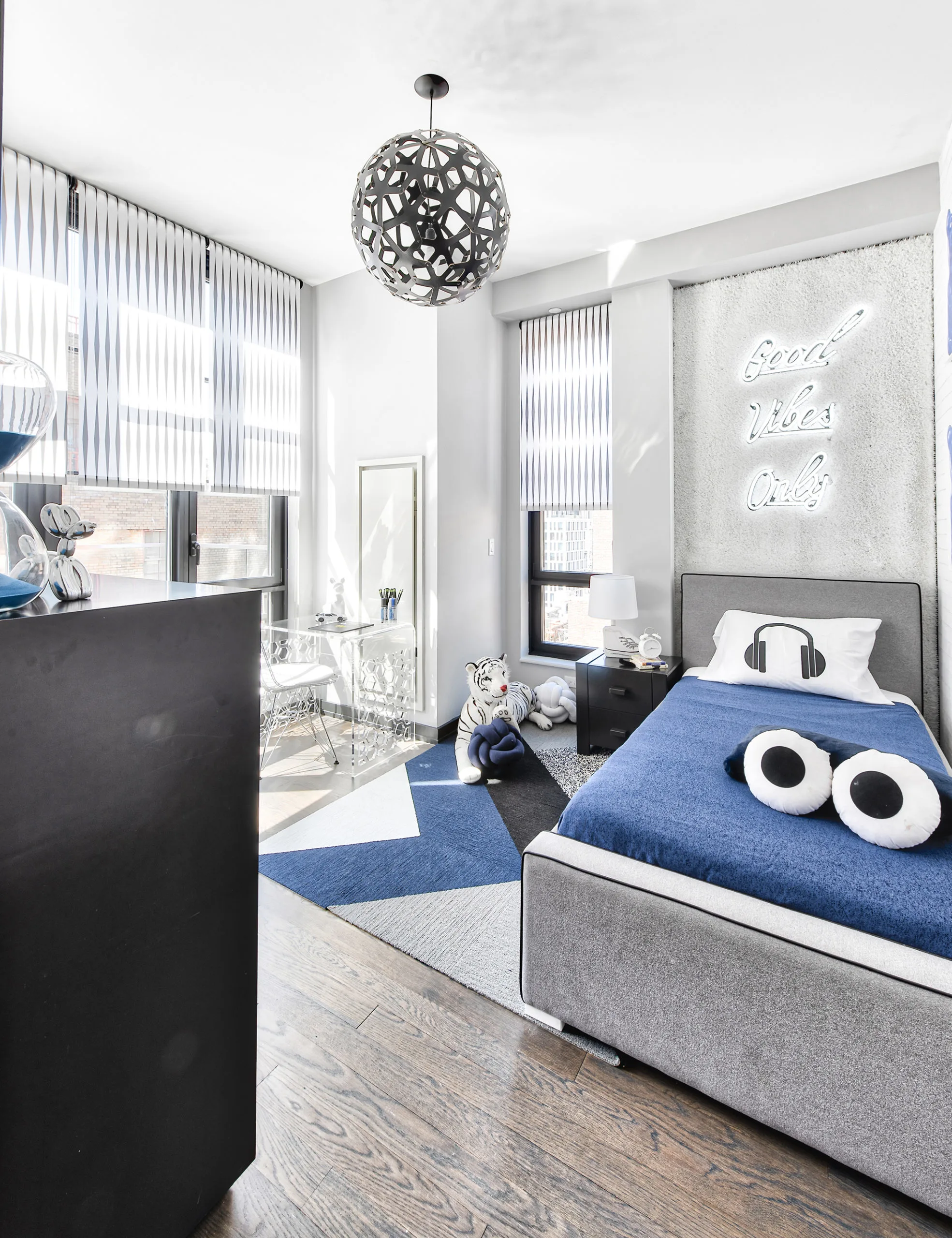 Neon Sign in Modern Blue and Gray Boys Room