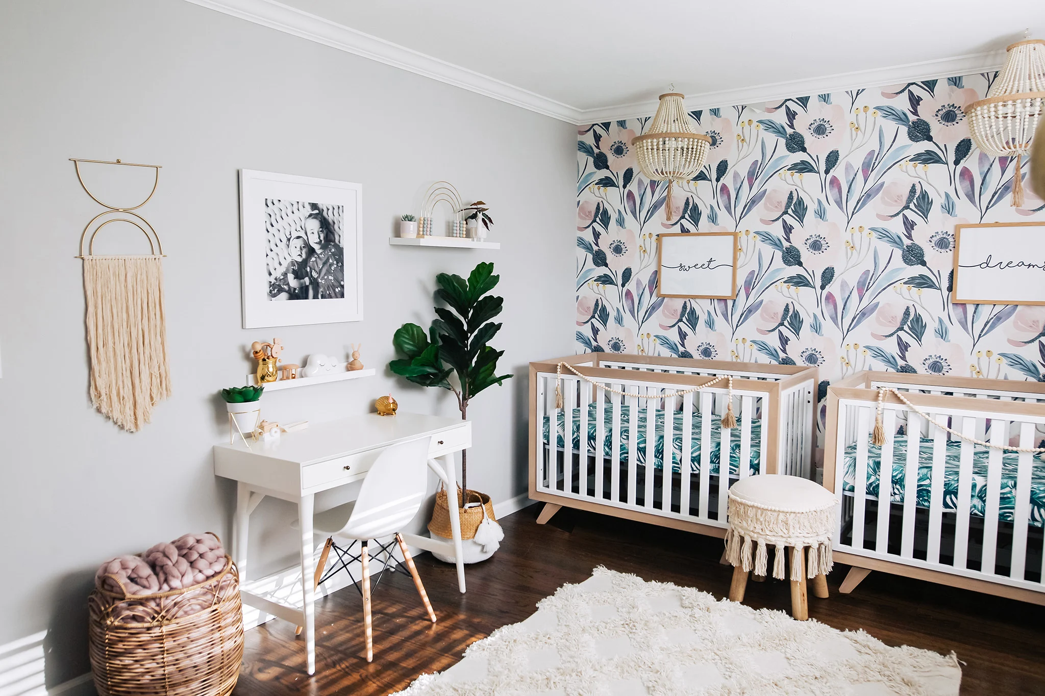 Desk in Shared Girls Nursery with Matching Cribs