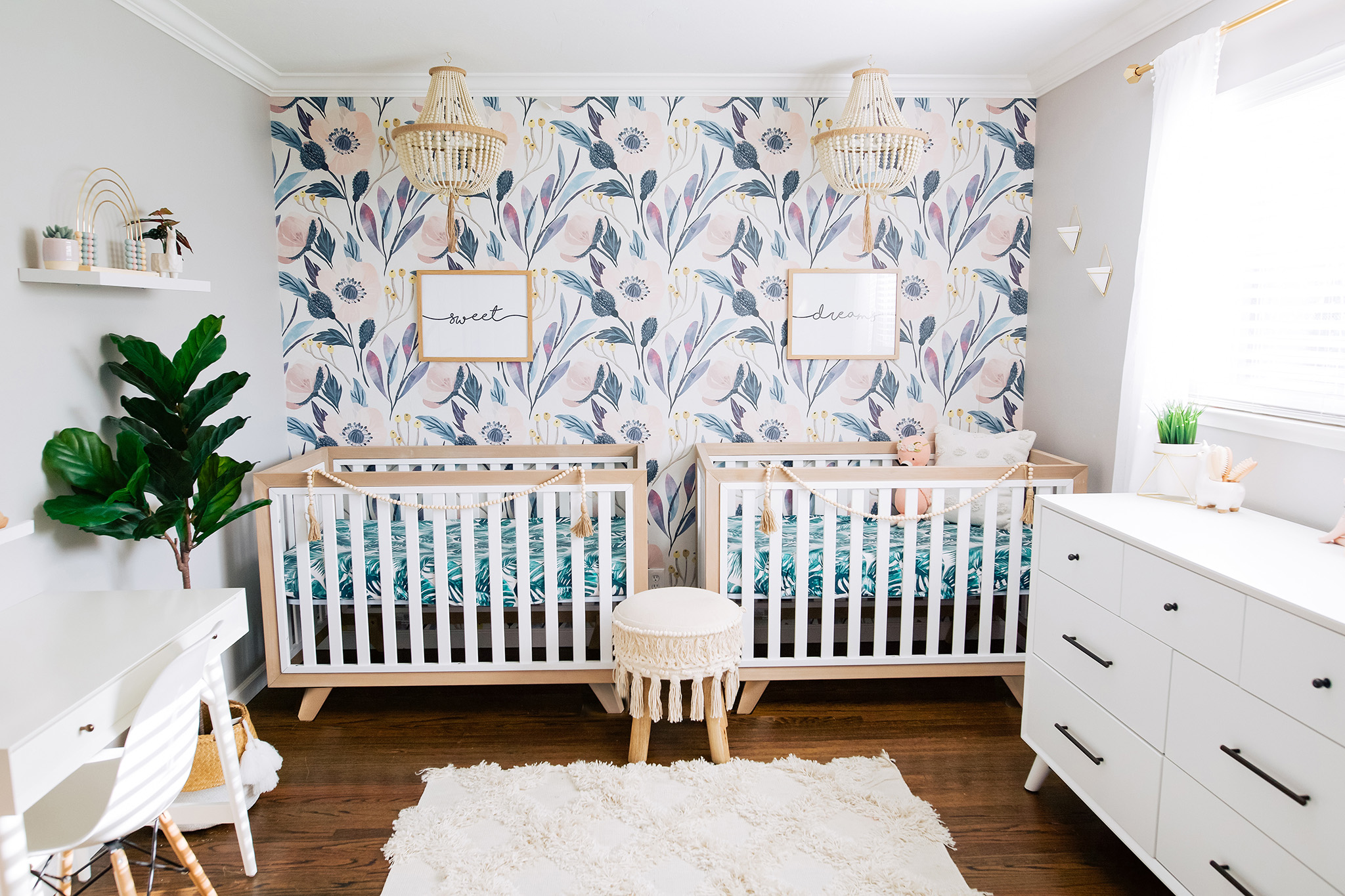 Shared Girls Nursery with Two-Tone White and Natural Cribs