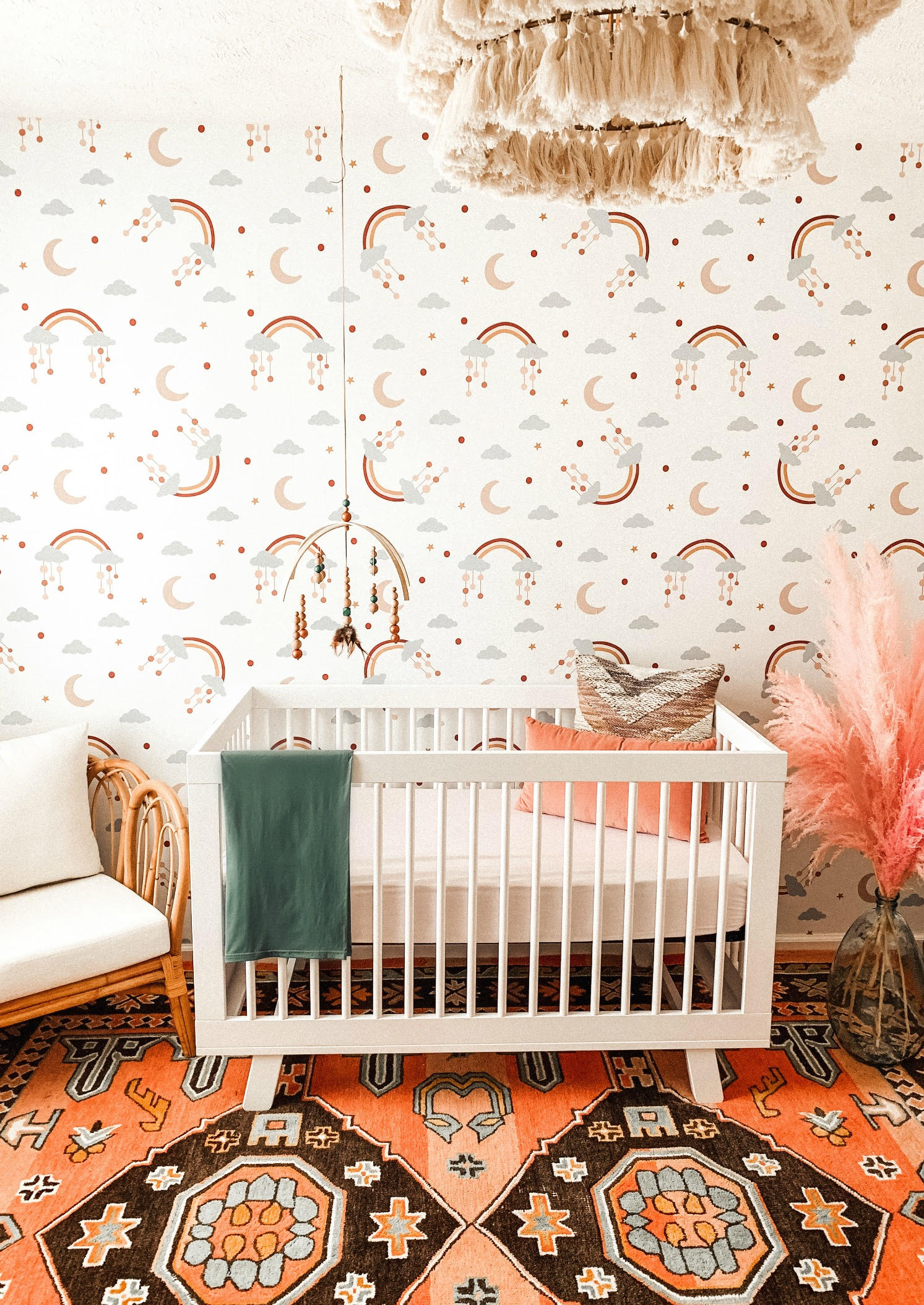 Muted Rainbow Wallpaper with Hudson Crib and Pampas Grass