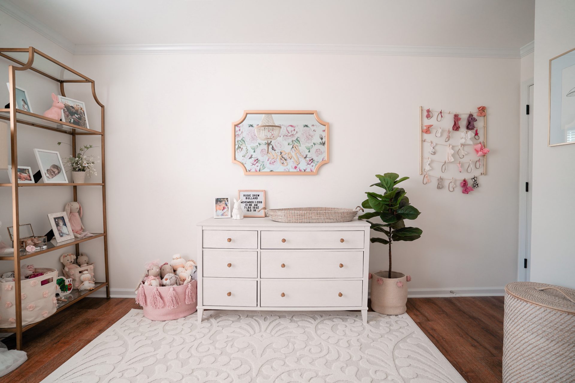 Girl's Nursery Dresser with Mirror and Etagere Shelf