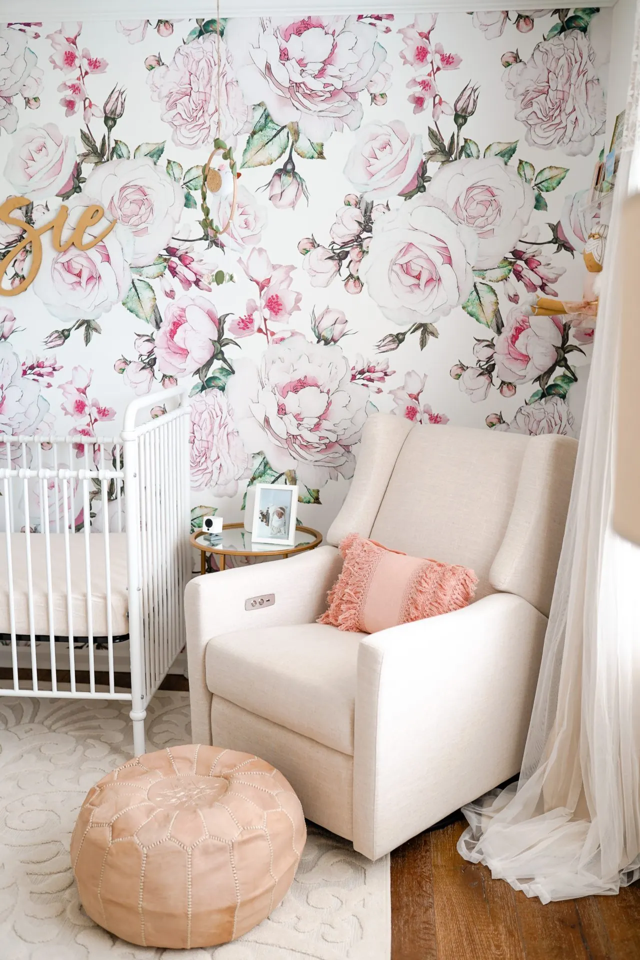 Pink Floral Wallpaper and Kiwi Glider with USB charging and electric recline