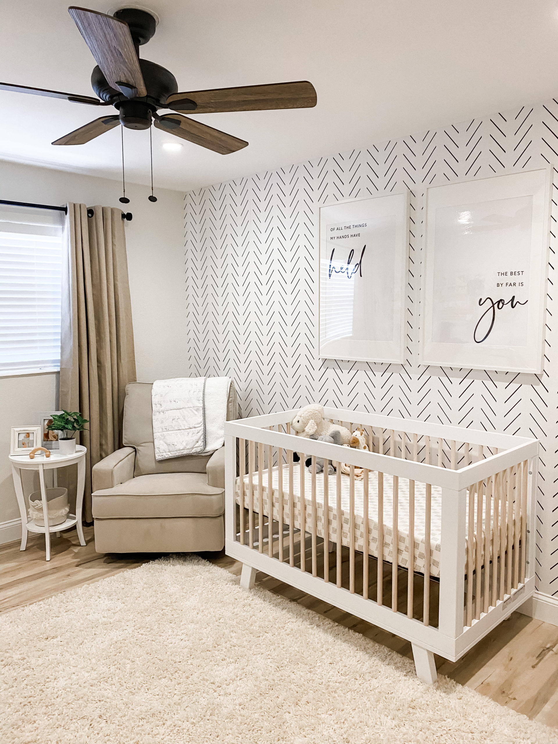 Neutral Black and White Nursery with Modern Herringbone Wallpaper