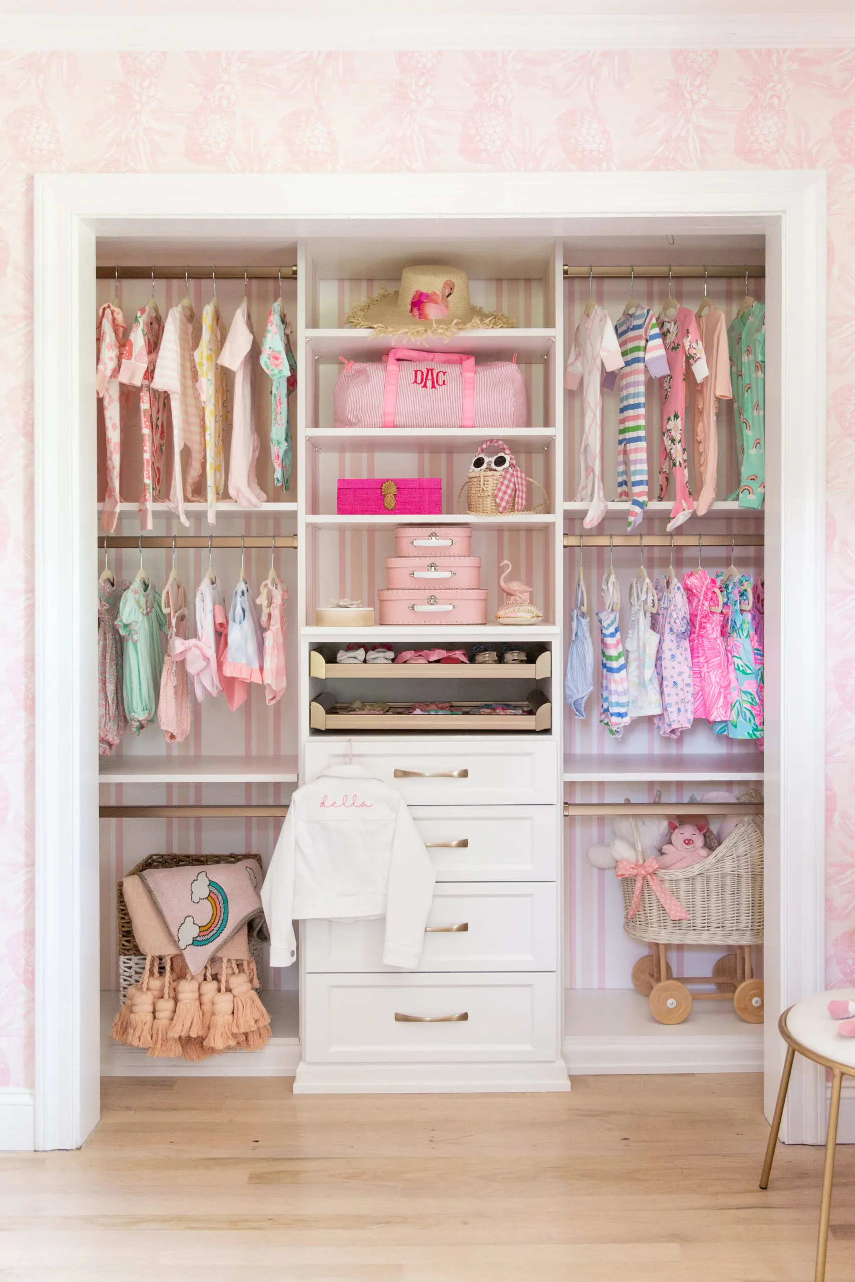 Custom Nursery Closet with Striped Wallpaper 