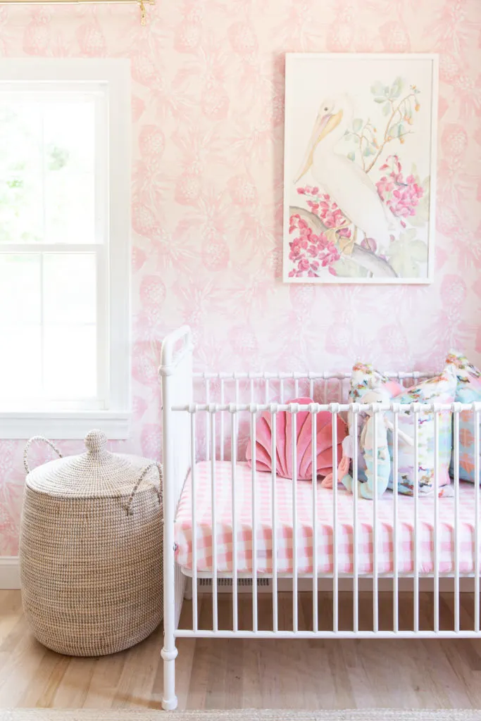 Pink Pineapple Wallpaper with Art Above Crib