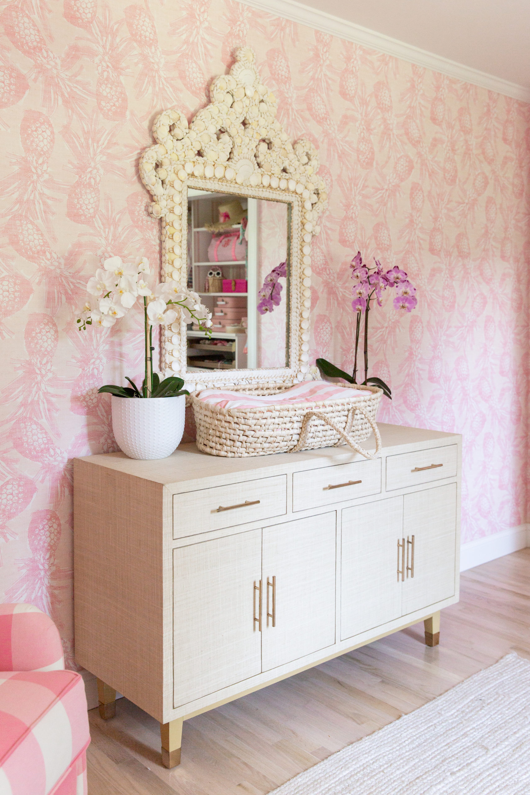 McKenna Bleu Coastal Nursery with Credenza as Changing Table and Shell Mirror