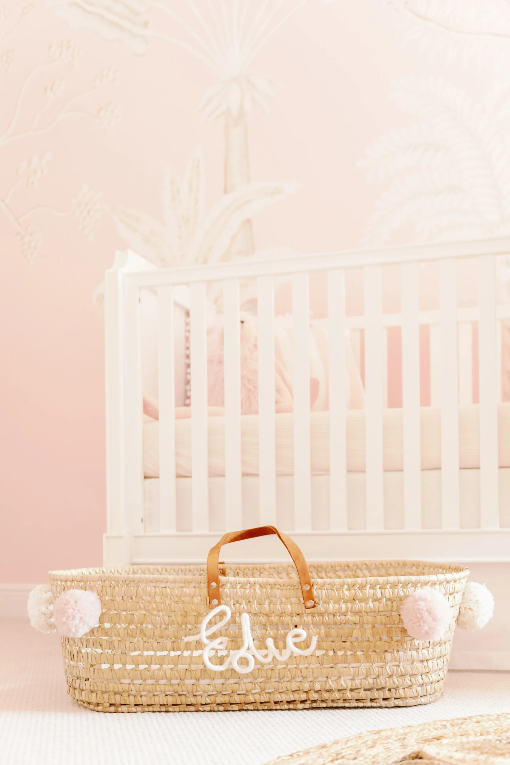 Pink and White Palm Mural in Baby Girl Nursery