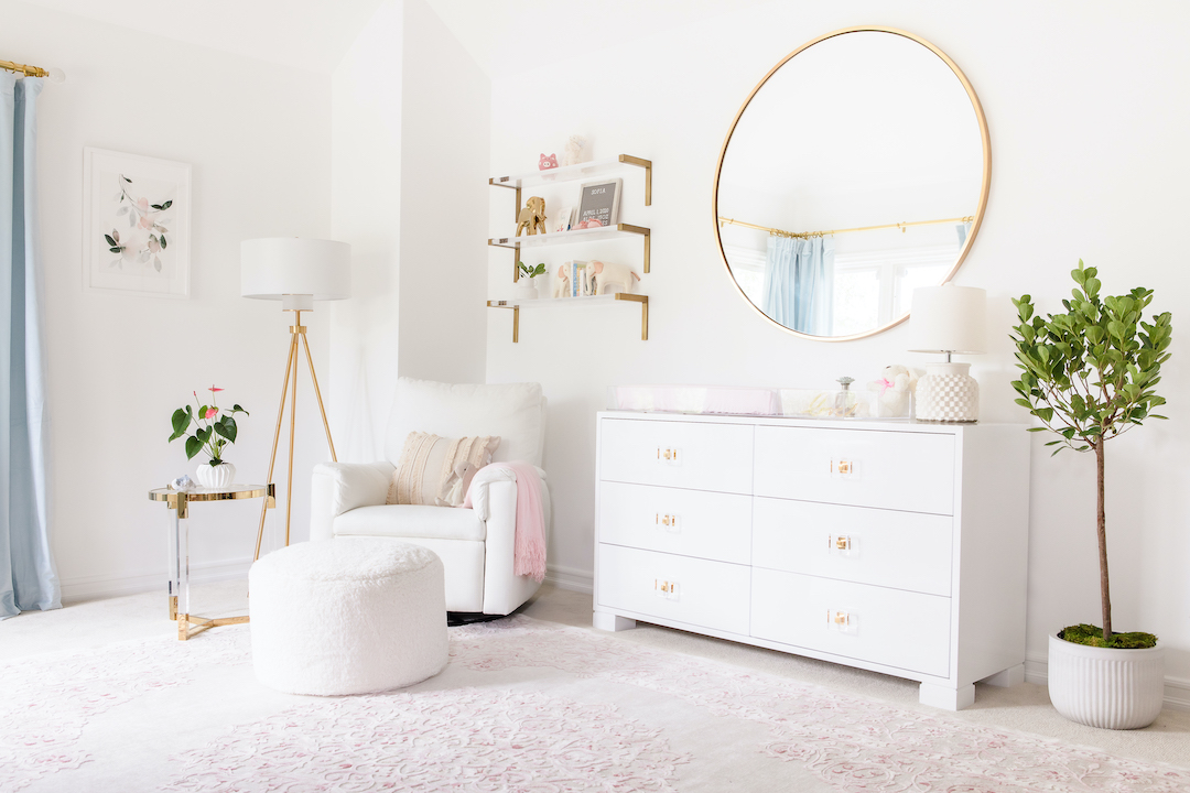 Pink & Blue Nursery by Little Crown Interiors with gold and acrylic accents