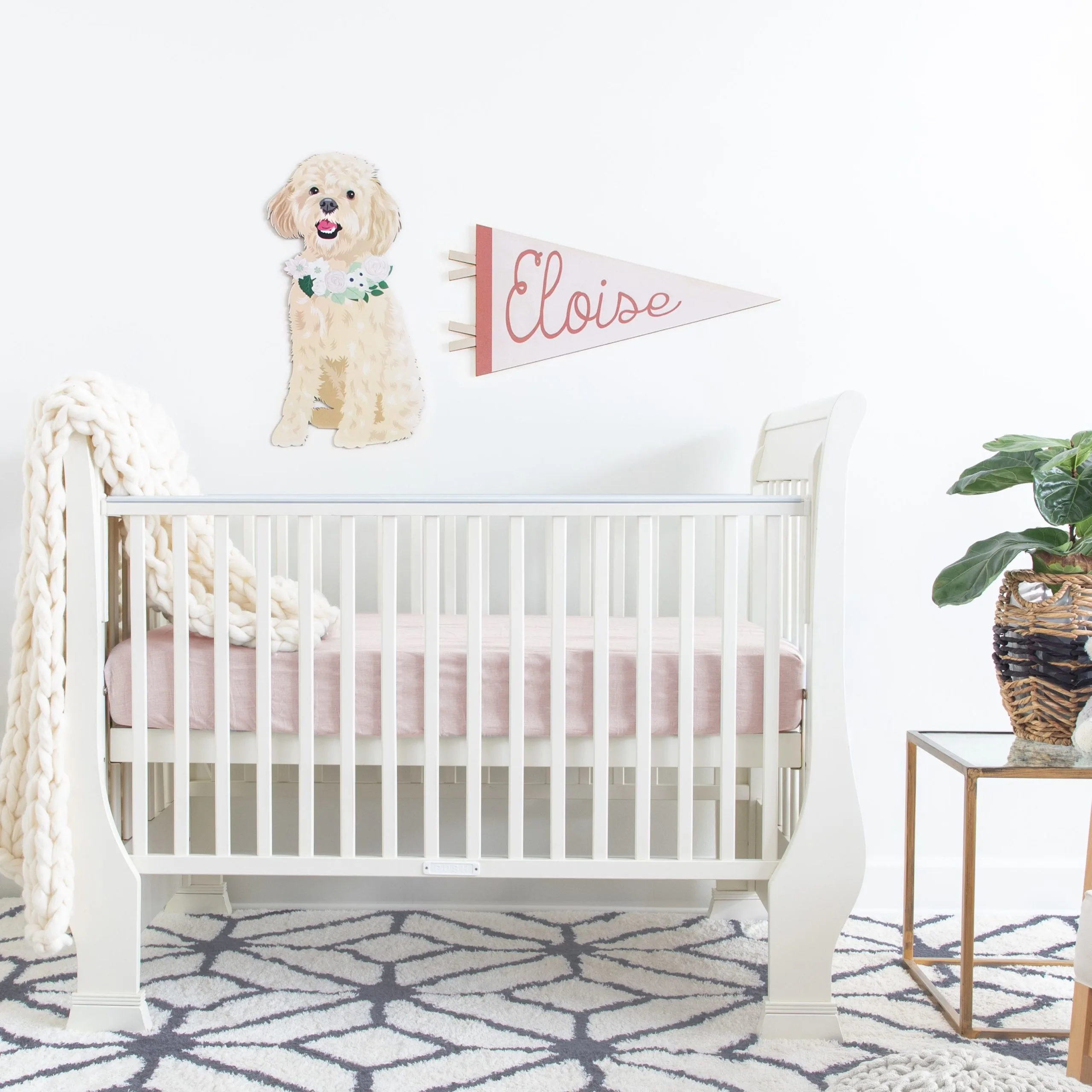 Custom Dog Portrait and Name Pennant Banner in Nursery