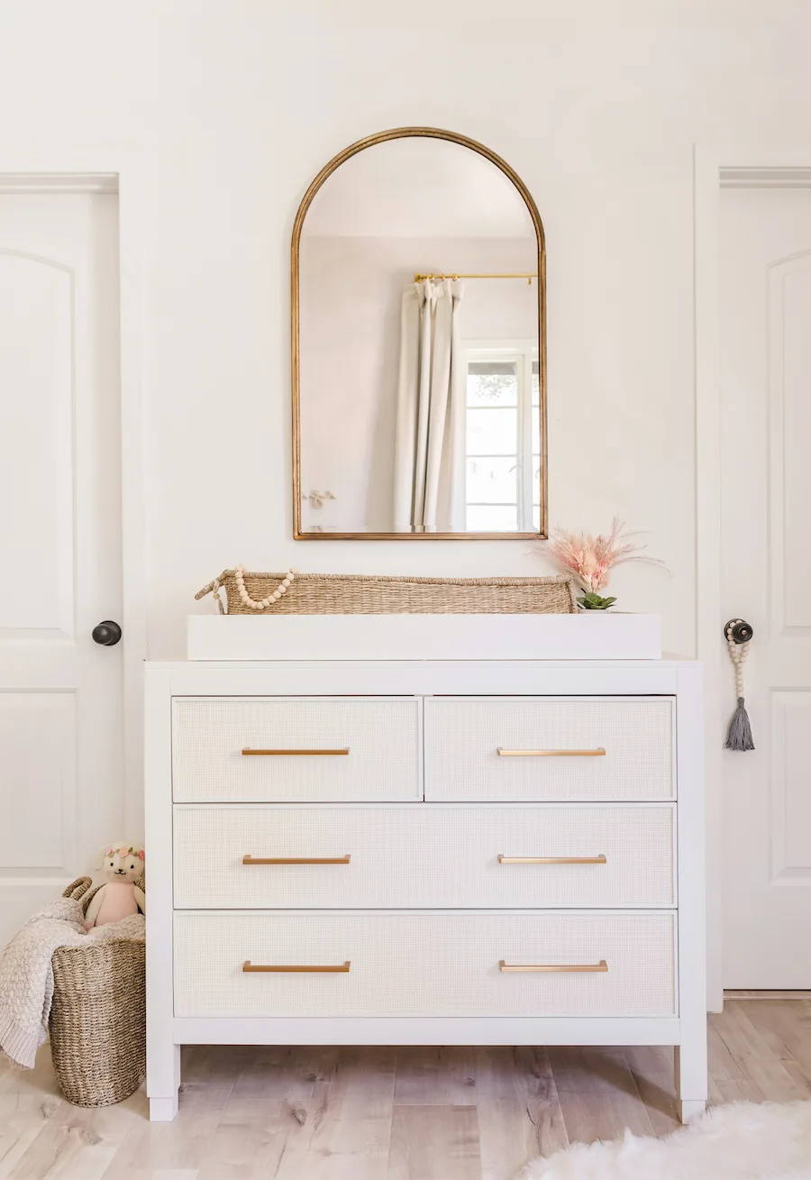 Arch Mirror over Changing Table/Dresser in Baby Girl Nursery
