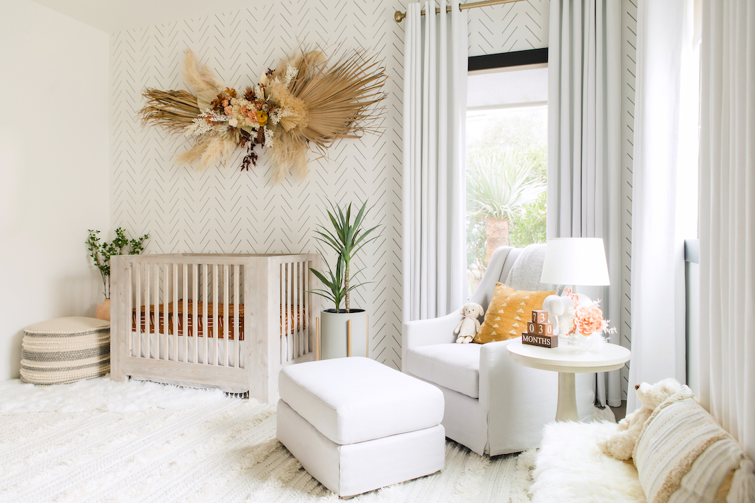 Herringbone Wallpaper in Girl's Nursery with Dried Floral Wall Hanging