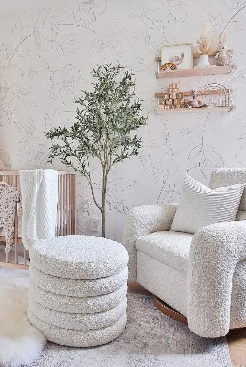 Delicate Floral Wallpaper with Boucle Glider in Nursery by @rachelsimpson__