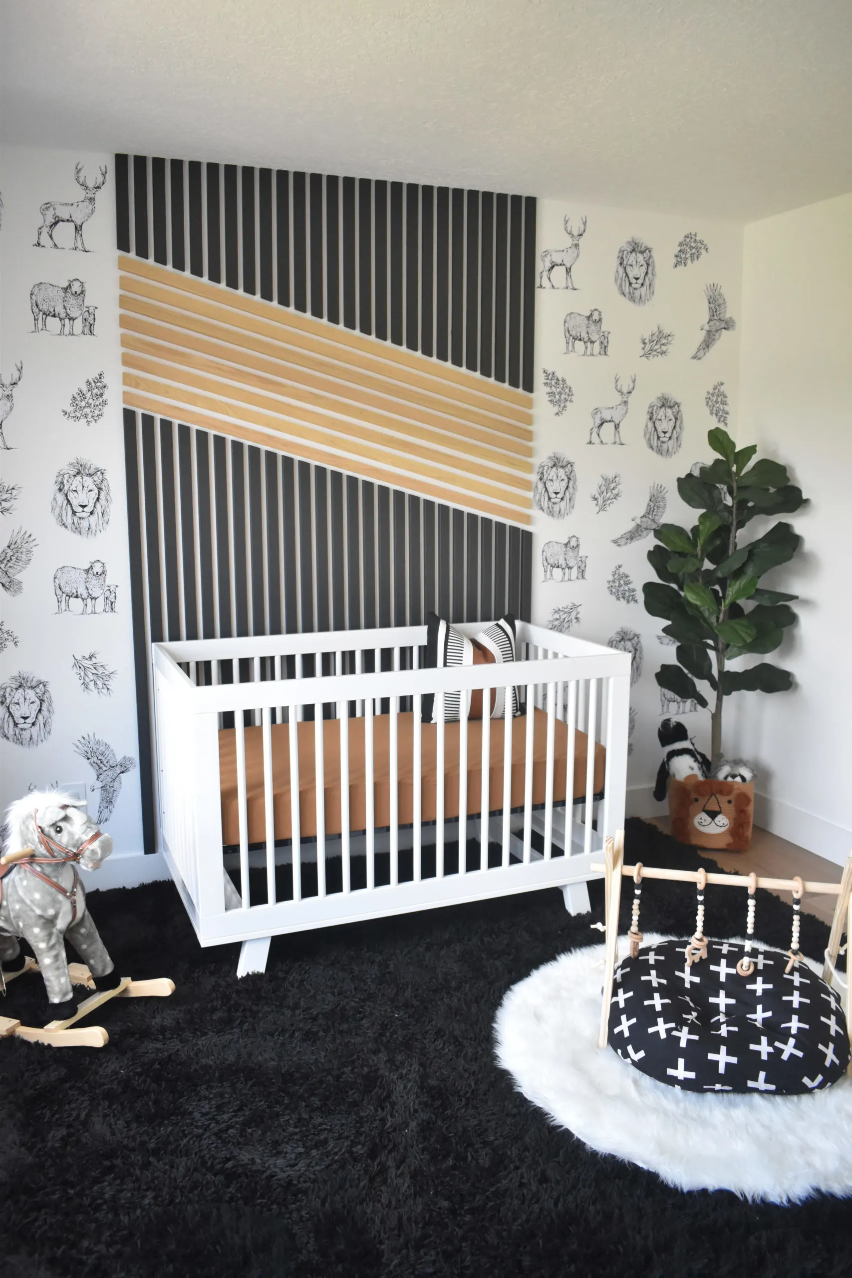 DIY Slat Wall with Animal Wall Decals in Neutral Nursery