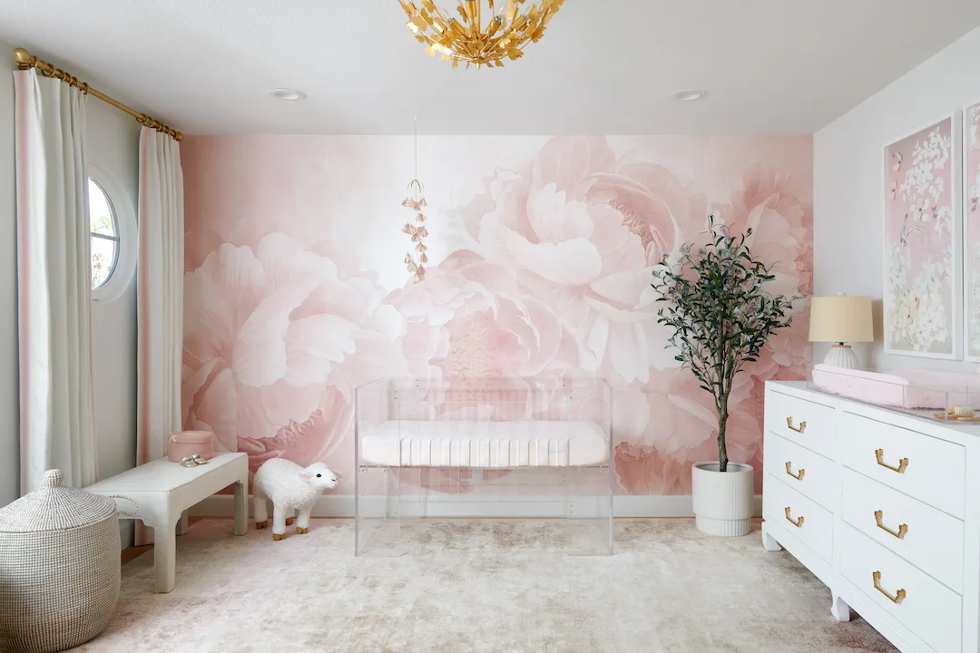 Traditional Girl's Nursery with Floral Wallpaper and Acrylic Crib