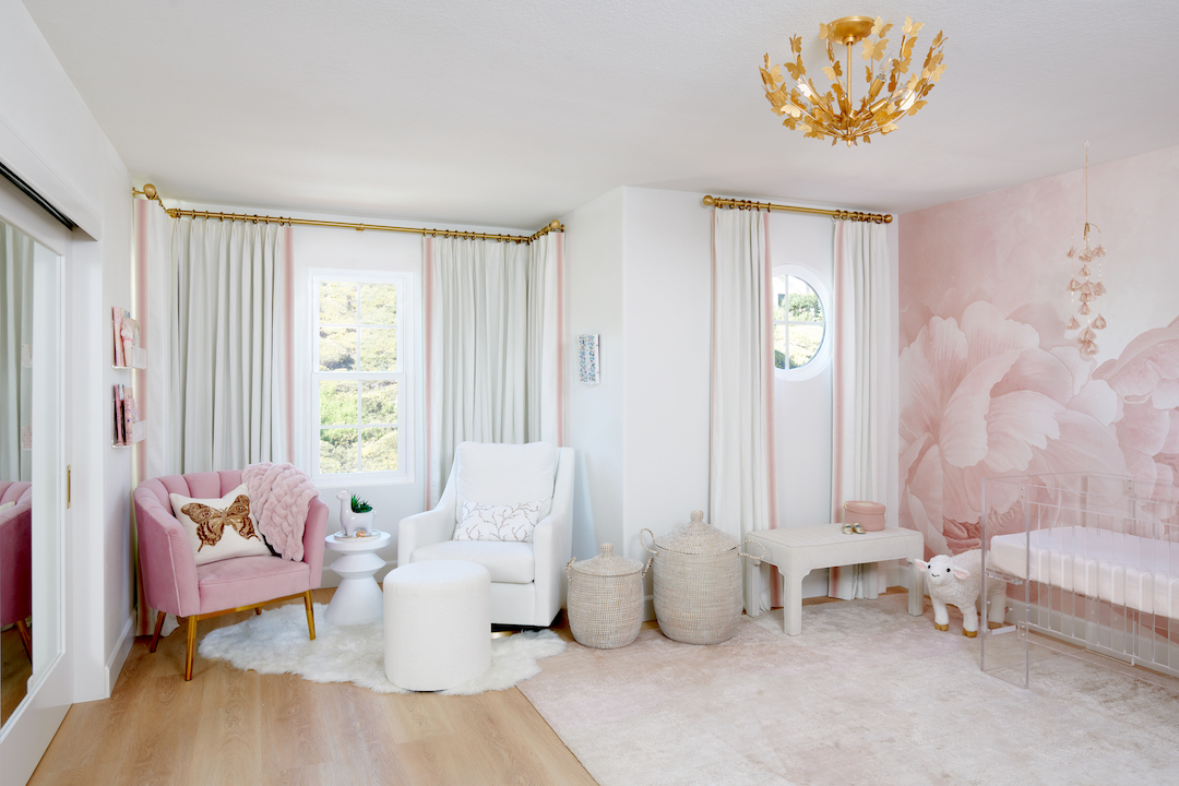 Traditional Girls Pink and White Nursery with Gold Butterfly Chandelier 