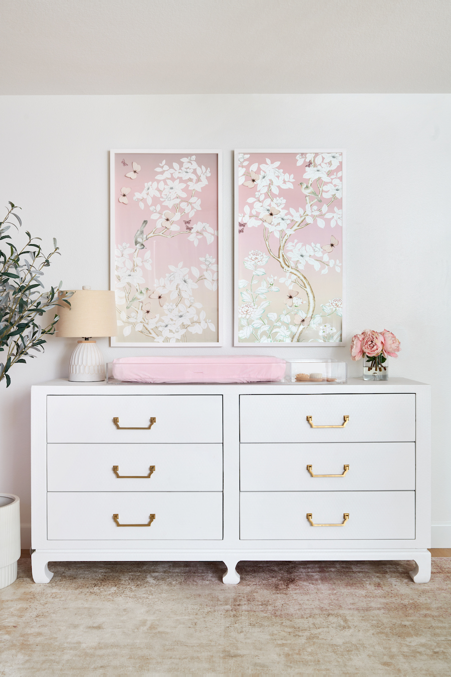 Nursery Dresser with Acrylic Changing Tray and Chinoiserie Artwork