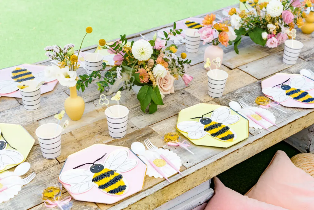 Bee Themed Party Tablescape - Bee Plates and Honeycomb Plates