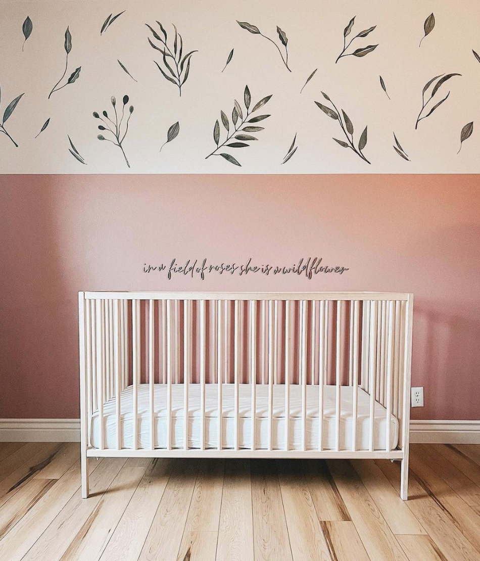 Half Painted Wall with Botanical Wall Decals in Nursery