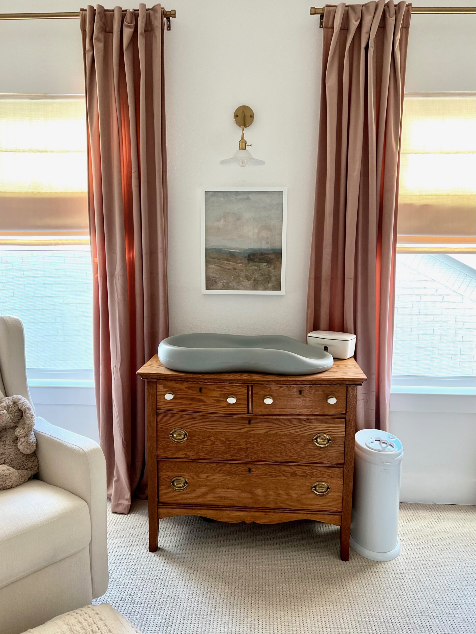 Vintage Dresser Used as Changing Table in Vintage Inspired Nursery for a Girl