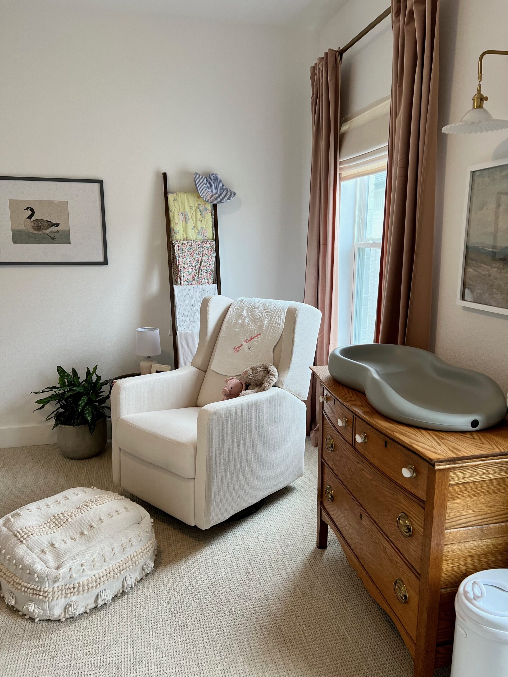 Dusty Blush Velvet Drapes and Glider in Nursery