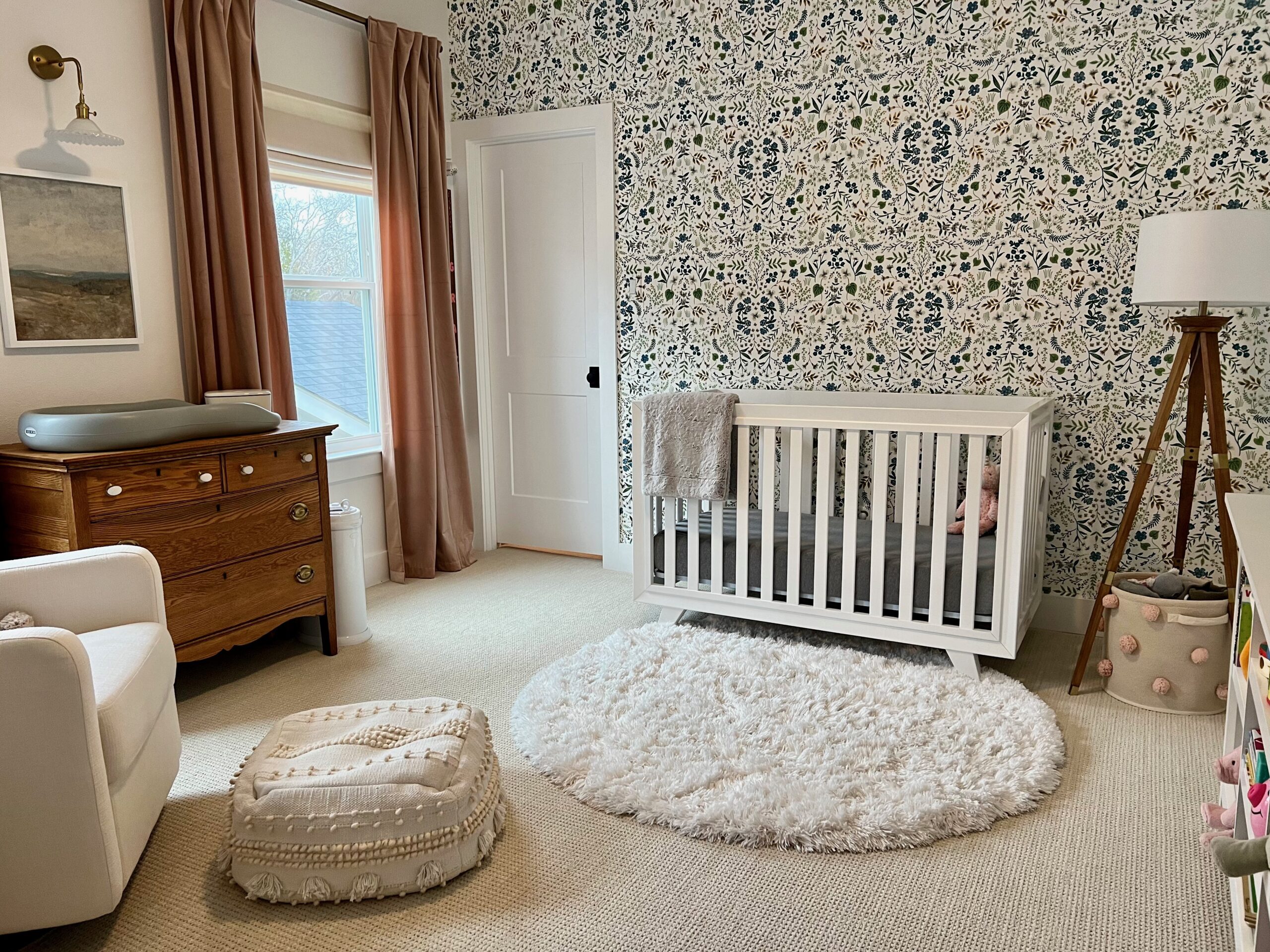 Vintage Inspired Nursery Featuring Wooster Crib and Floral Wallpaper