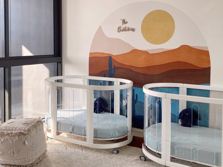 twin nursery with arch mural