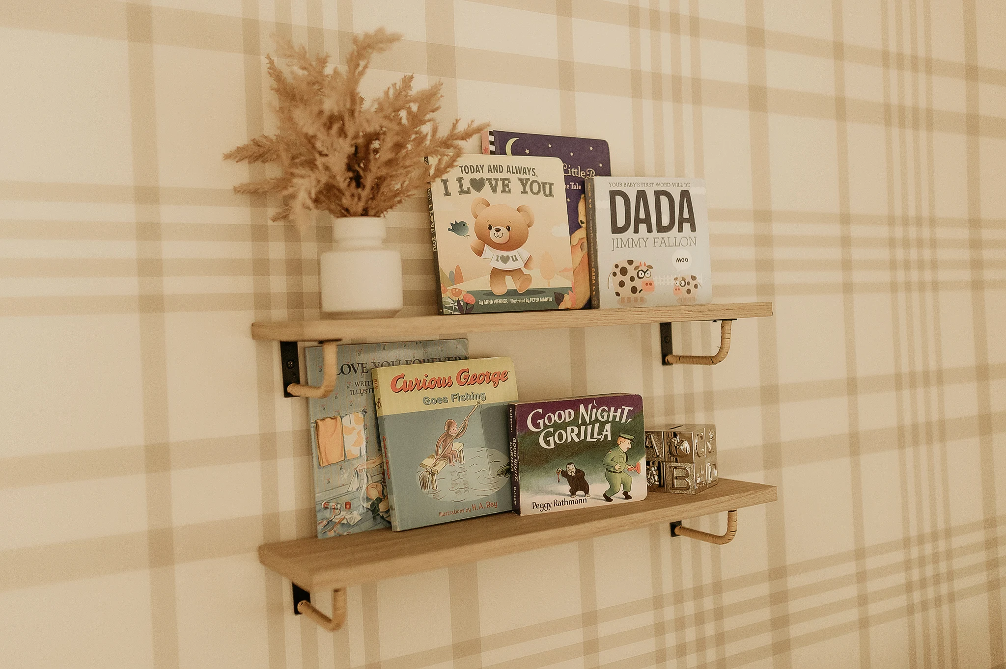 Plaid Nursery Wallpaper and Book Wall Shelves