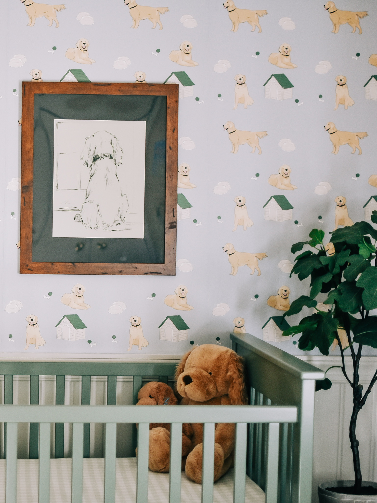 Golden Retriever Themed Nursery with Sage Crib