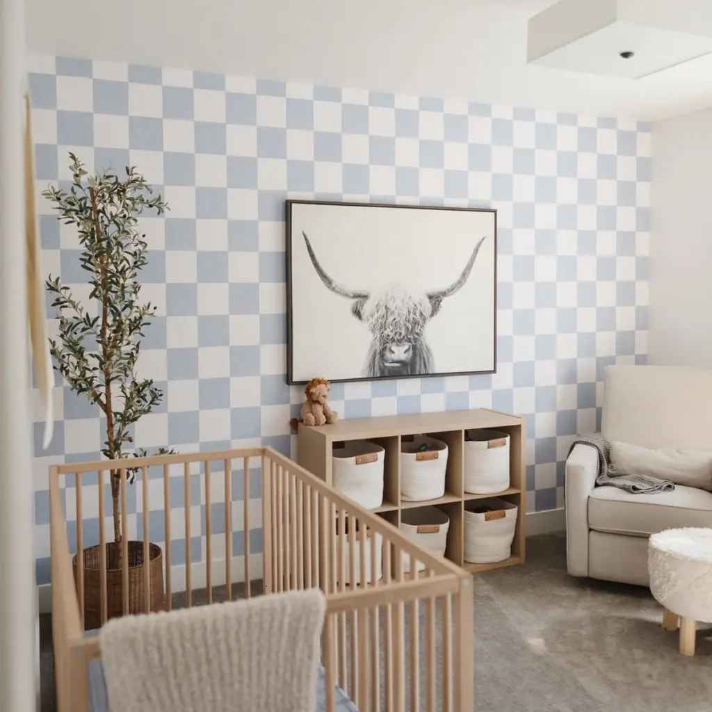 Blue Checked Wallpaper in Baby Nursery