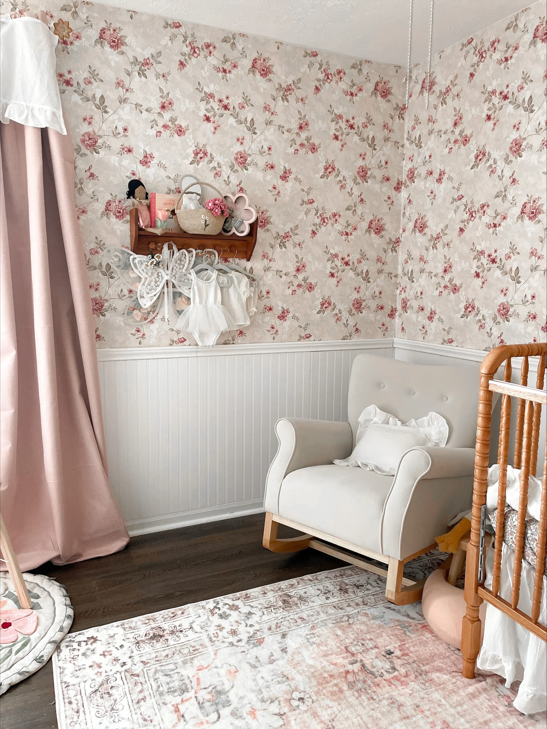 Rocker in Vintage Inspired Floral Wallpaper in Baby Girl Nursery